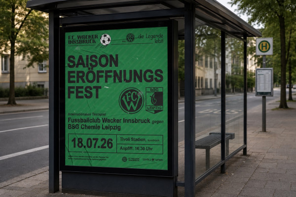 Saisoneröffnungsfest am 18.07. mit internationalem Testspiel! 🖤💚
Vor dem heiß ersehnten Saisonstart wartet noch ein großes Highlight auf alle Schwarz-Grünen: Im internationalen Testspiel steigt das Rückspiel gegen Chemie Leipzig im Tivoli! Die Vorfreude ist bereits riesig – auch aus Leipzig werden rund 2.000 Fans erwartet. 💪🏼😍
Das Programm:
• 15:30 Uhr: Stadionöffnung – Wacker-Kiosk bis Spielbeginn geöffnet
• 15:40 Uhr: Programm an der Nordwestecke – Eröffnung durch die FCW-Verantwortlichen & Trikotpräsentation
• 16:30 Uhr: FCW vs. BSG
• ab ca. 18:45 Uhr (nach dem Spiel): Interviews mit Damen-, Nachwuchs- und Kampfmannschaft
• Anschließend: Ausschank an mehreren FCW-Bars bis 22:00 Uhr (Nordwest & Nord)
🎟️ Jetzt Tickets sichern: tickets.wackerinnsbruck.at
#fcw1913