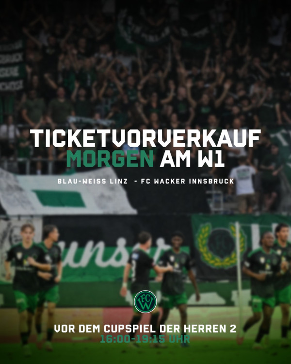 TICKETINFO FÜR LINZ! ⚫🟢

🆚 Blau-Weiß Linz
📅 Freitag, 07.08.
🎟️ Ticketvorverkauf für den Gästesektor
🏟️ Vor dem Cupspiel der Herren 2 am W1
🕓 16:00–19:15 Uhr
🎫 100 Resttickets sind morgen verfügbar, weitere 100 Tickets gibt es an der Abendkassa
💶 Bezahlung ausschließlich in BAR

Für Fans aus dem Osten Österreichs steht vor Ort in Linz ein eigenes Restkontingent zur Verfügung.

Für das nächste Auswärtsspiel am Samstag, 15.08., in Kapfenberg sind unter dem Motto „Beachparty“ ausreichend Tickets vor Ort erhältlich.

Alle auf nach Linz!

#fcw1913